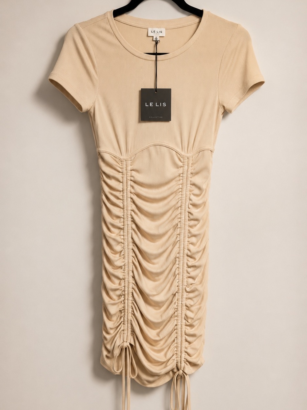 Le Lis Beige Ruched Drawstring Short Sleeve Bodycon Dress